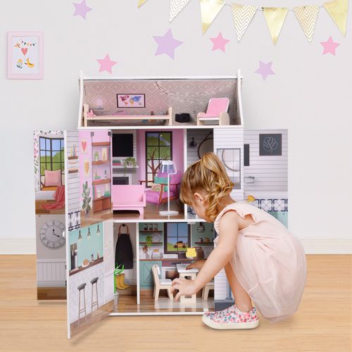 Maison De Poupée En Bois Enfant 3 Étages Avec 13 Accessoires