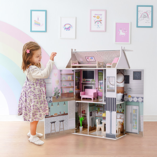 Maison De Poupée En Bois Enfant 3 Étages Avec 13 Accessoires