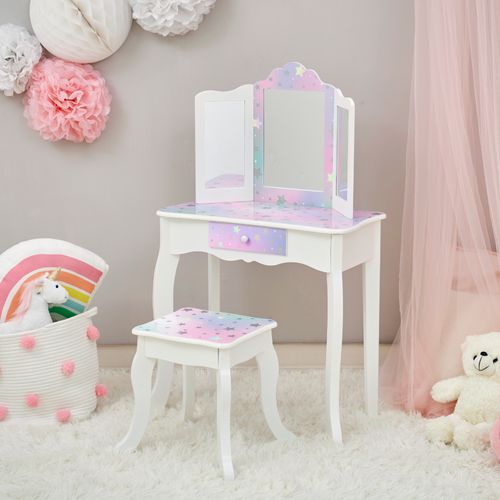 Coiffeuse Enfant Maquillage, Miroir, Tabouret, 99cm, Blanc