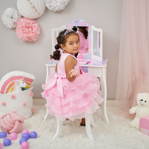 Coiffeuse Enfant Maquillage, Miroir, Tabouret, 99cm, Blanc
