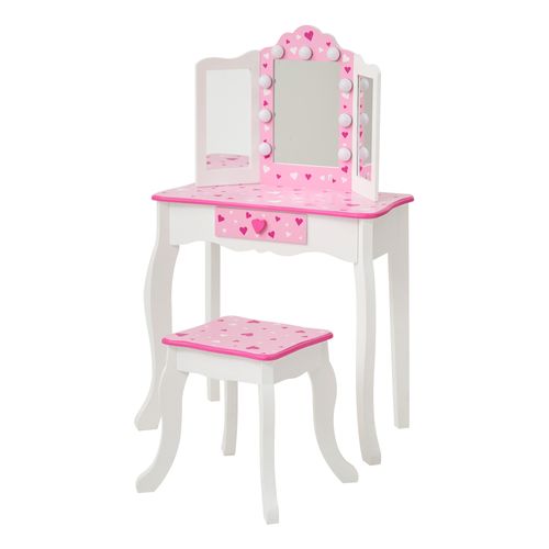 Coiffeuse Enfant Maquillage LED, Tabouret, 99cm, Rose