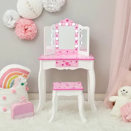Coiffeuse Enfant Maquillage LED, Tabouret, 99cm, Rose