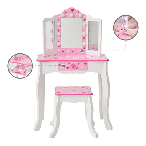 Coiffeuse Enfant Maquillage LED, Tabouret, 99cm, Rose