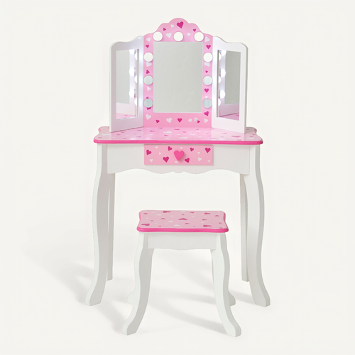 Coiffeuse Enfant Maquillage LED, Tabouret, 99cm, Rose
