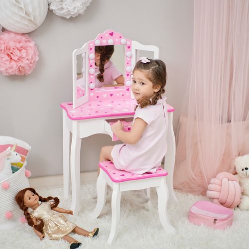 Coiffeuse Enfant Maquillage LED, Tabouret, 99cm, Rose