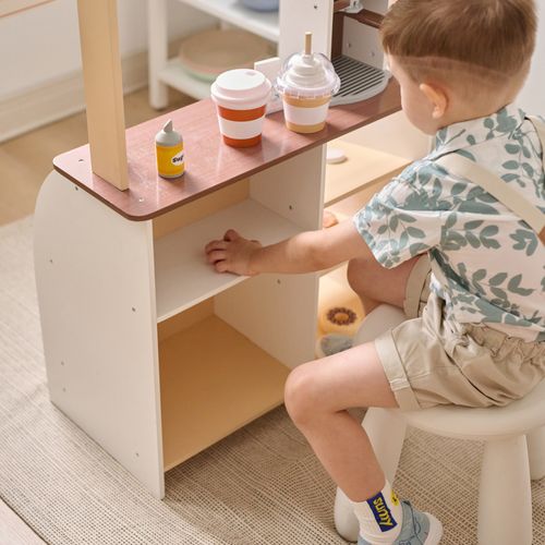 Stand Café Jouet Bois, Machine Expresso, 29 Accessoires, 60cm, Marron