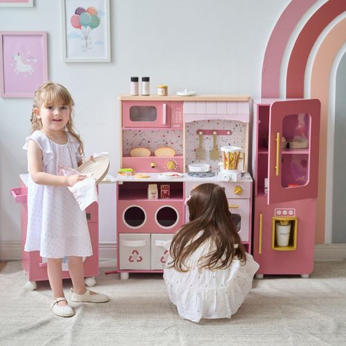 Cuisine Jouet Bois 3 Pièces Modulable, 21 Accessoires, 89cm, Rose