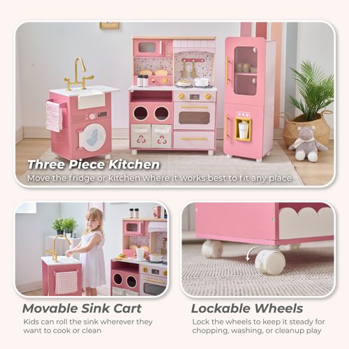 Cuisine Jouet Bois 3 Pièces Modulable, 21 Accessoires, 89cm, Rose