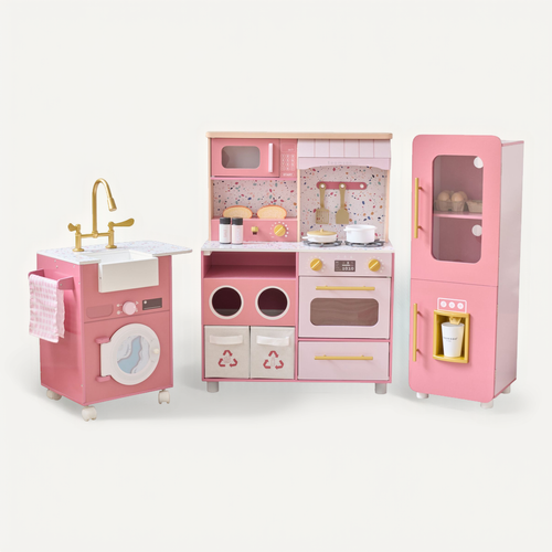 Cuisine Jouet Bois 3 Pièces Modulable, 21 Accessoires, 89cm, Rose