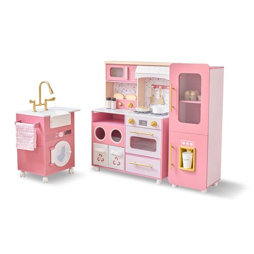 Cuisine Jouet Bois 3 Pièces Modulable, 21 Accessoires, 89cm, Rose