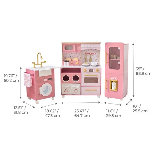 Cuisine Jouet Bois 3 Pièces Modulable, 21 Accessoires, 89cm, Rose