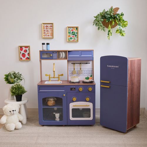 Cuisine Jouet Bois Modulable, 14 Accessoires, 92cm, Bleu