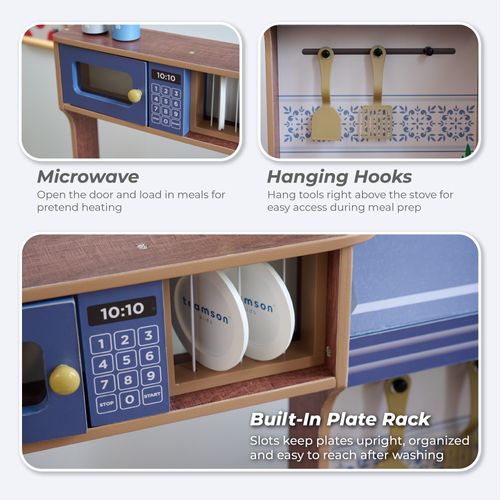 Cuisine Jouet Bois Modulable, 14 Accessoires, 92cm, Bleu