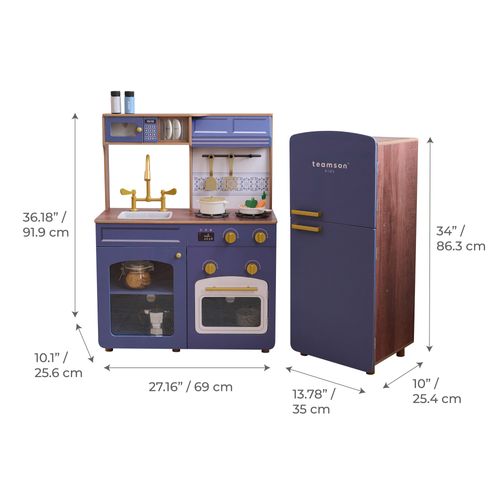 Cuisine Jouet Bois Modulable, 14 Accessoires, 92cm, Bleu