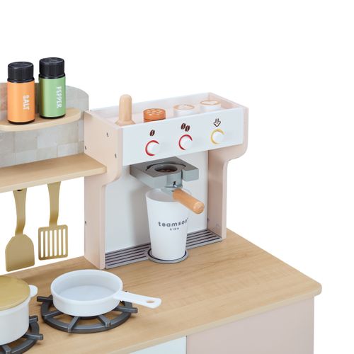 Teamson Kids Cuisine En Bois Chêne – Jeu D’imitation Avec 14 Accessoires, Douchette, Glaçons, Boutons Clic, Crochets, étagères – Dès 3 Ans