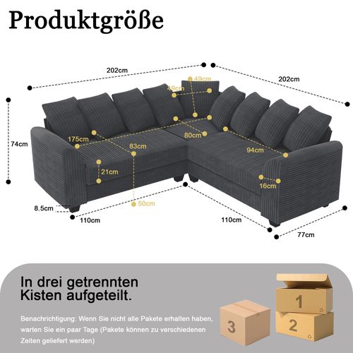 Canapé D'angle Modulaire En Velours Côtelé Avec 9 Coussins,202x202x74cm,gris