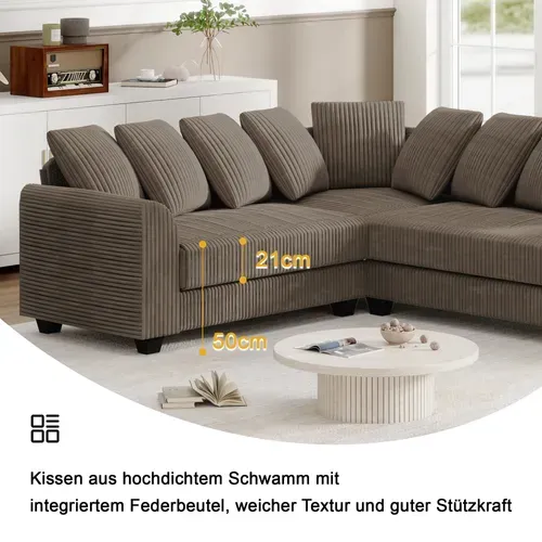 Canapé D'angle Modulaire En Velours Côtelé Avec 9 Coussins,202x202x74cm,marron