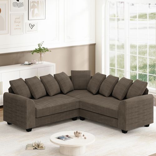 Canapé D'angle Modulaire En Velours Côtelé Avec 9 Coussins,202x202x74cm,marron