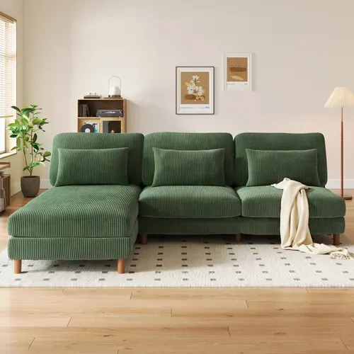 Canapé Scandinave 3 Places + Chaise Longue En Velours Côtelé Vert