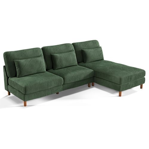 Canapé Scandinave 3 Places + Chaise Longue En Velours Côtelé Vert