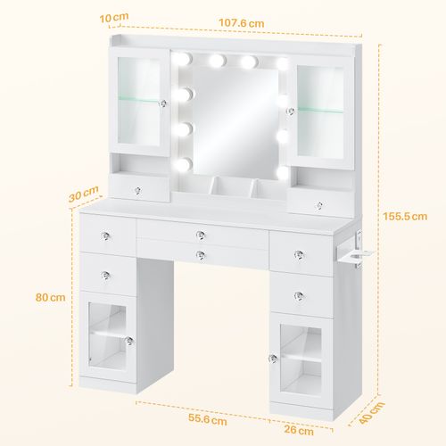 Coiffeuse Miroir 10 Ampoules108x40x156cm 7 Tiroirs 1 Placard Compartiments Support Bijoux Blanc