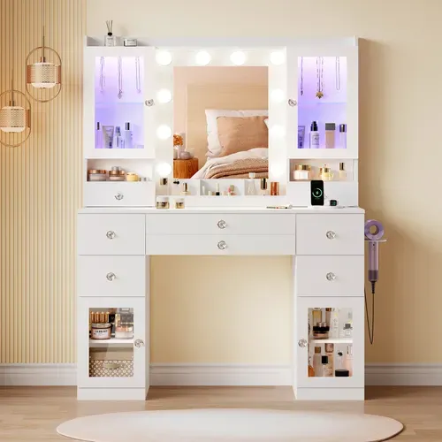 Coiffeuse Miroir 10 Ampoules108x40x156cm 7 Tiroirs 1 Placard Compartiments Support Bijoux Blanc