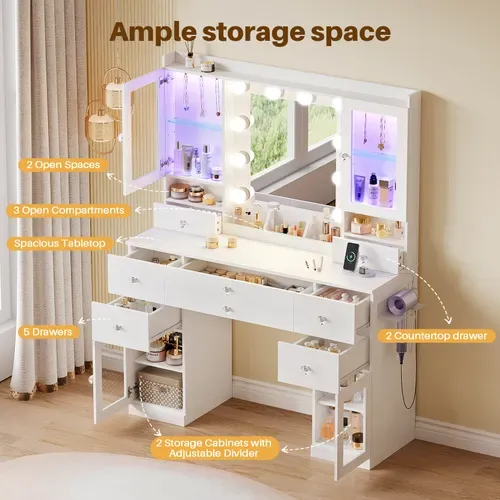 Coiffeuse Miroir 10 Ampoules108x40x156cm 7 Tiroirs 1 Placard Compartiments Support Bijoux Blanc