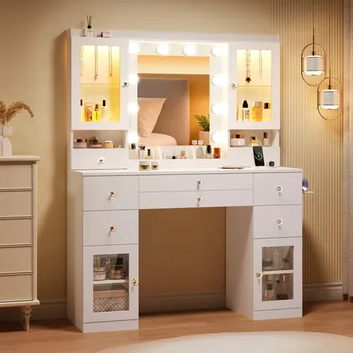 Coiffeuse Miroir 10 Ampoules108x40x156cm 7 Tiroirs 1 Placard Compartiments Support Bijoux Blanc