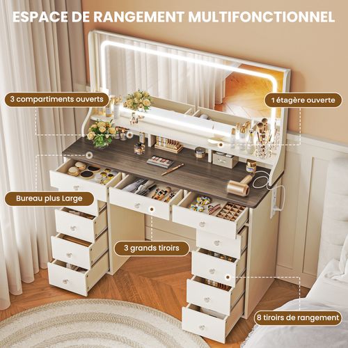 Coiffeuse Élégante 11 Tiroirs Grand Miroir 110cm Avec Prise-support Table De Maquillage LED Marron
