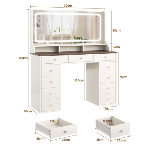 Coiffeuse Élégante 11 Tiroirs Grand Miroir 110cm Avec Prise-support Table De Maquillage LED Marron