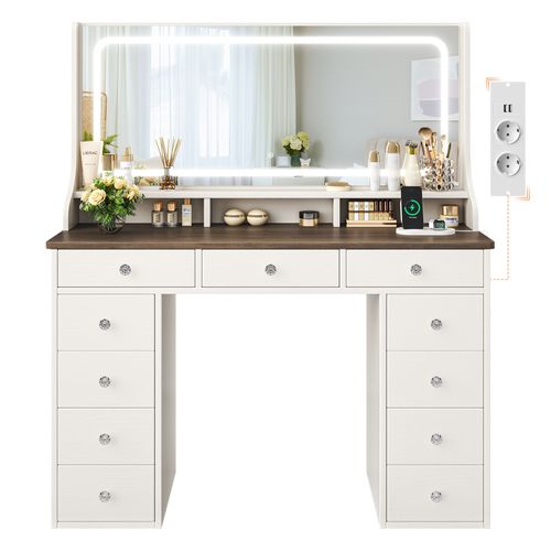 Coiffeuse Élégante 11 Tiroirs Grand Miroir 110cm Avec Prise-support Table De Maquillage LED Marron