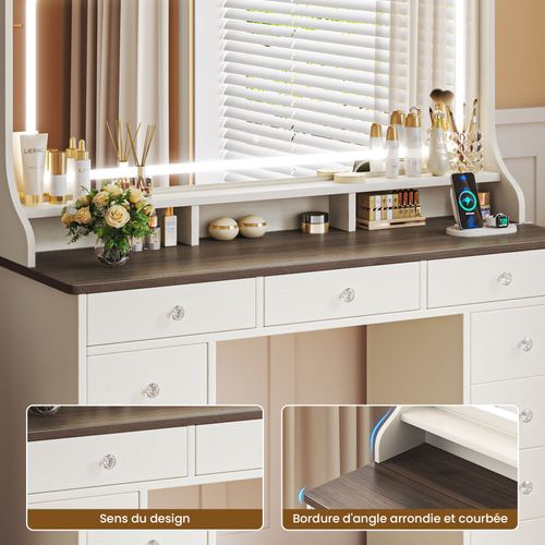 Coiffeuse Élégante 11 Tiroirs Grand Miroir 110cm Avec Prise-support Table De Maquillage LED Marron