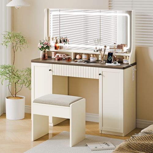 Coiffeuse élégante Moderne 1tiroir Grand LED Miroir Avec Prise-support Table Maquillage Blanc Marron