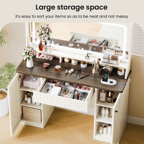 Coiffeuse élégante Moderne 1tiroir Grand LED Miroir Avec Prise-support Table Maquillage Blanc Marron