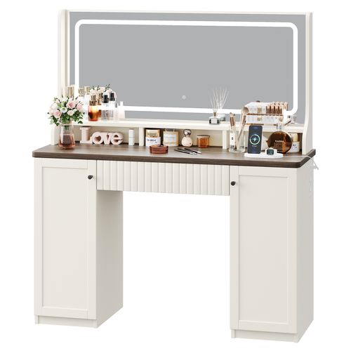 Coiffeuse élégante Moderne 1tiroir Grand LED Miroir Avec Prise-support Table Maquillage Blanc Marron