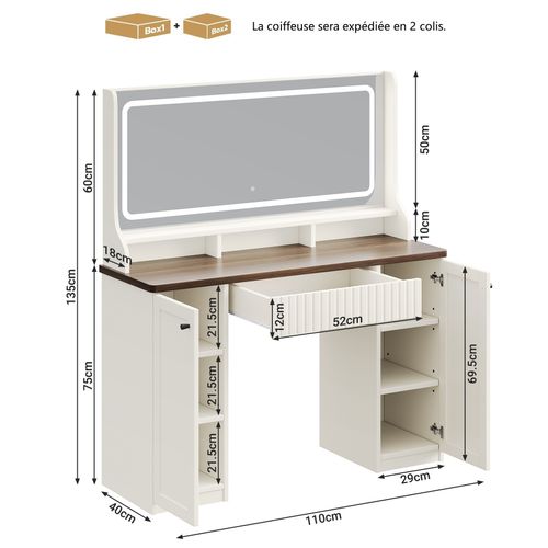 Coiffeuse élégante Moderne 1tiroir Grand LED Miroir Avec Prise-support Table Maquillage Blanc Marron