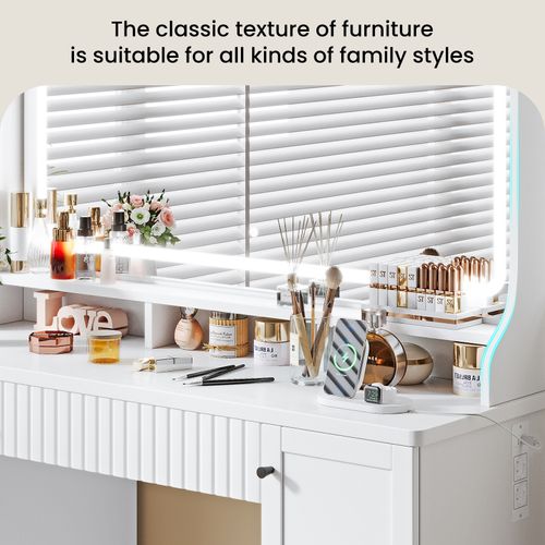 Coiffeuse Élégante Moderne 1 Tiroir Grand LED Miroir Avec Prise-support Table Maquillage Blanc