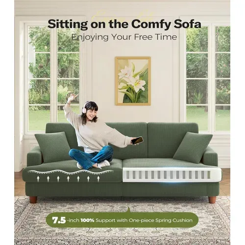 Canapé En Velours Côtelé 3 Places, 220l X 76l X 84h Cm, Vert