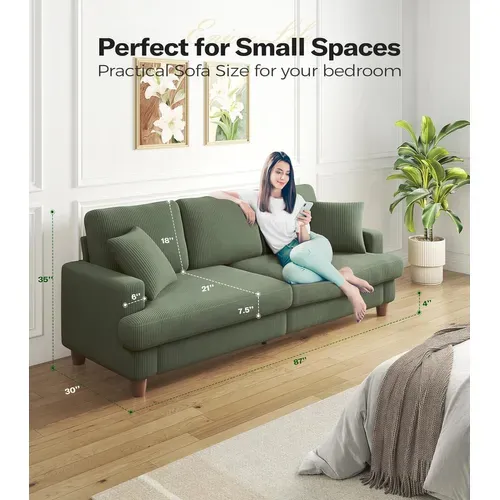 Canapé En Velours Côtelé 3 Places, 220l X 76l X 84h Cm, Vert