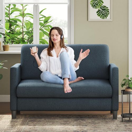 Canapé 2 Places En Velours Teddy, Avec Accoudoirs,128x78x89cm, Bleu-gris