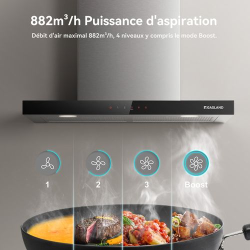 Hotte Aspirante Tr60ss A++ 60cm Evacuation/recyclage, Hotte Murale 882 M³/h 9 Niveaux Touch Control