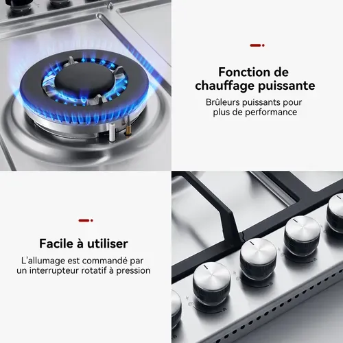 Plaque De Cuisson à Gaz Gh2705ss1fc Encastrée 5 Feux, Plaque Gaz 68 Cm Inox Avec Brûleur Wok
