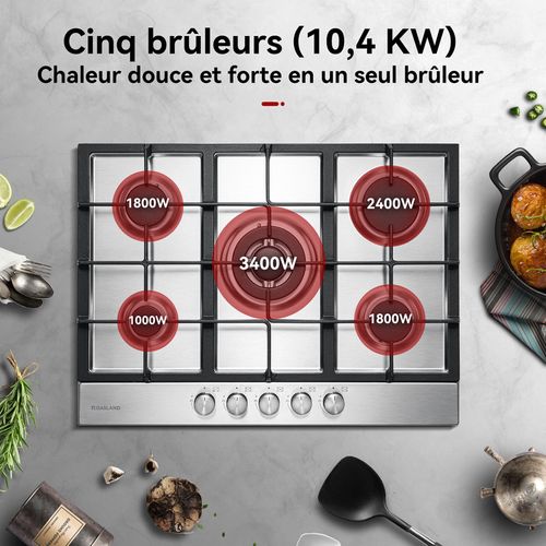 Plaque De Cuisson à Gaz Gh2705ss1fc Encastrée 5 Feux, Plaque Gaz 68 Cm Inox Avec Brûleur Wok