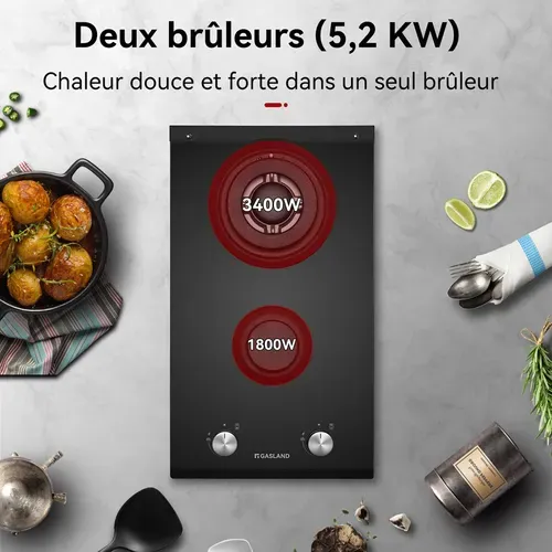 Plaque De Cuisson Gaz Gh2302bg1fc 2 Feux, Plaque Gaz Verre Trempé Noir 30 Cm