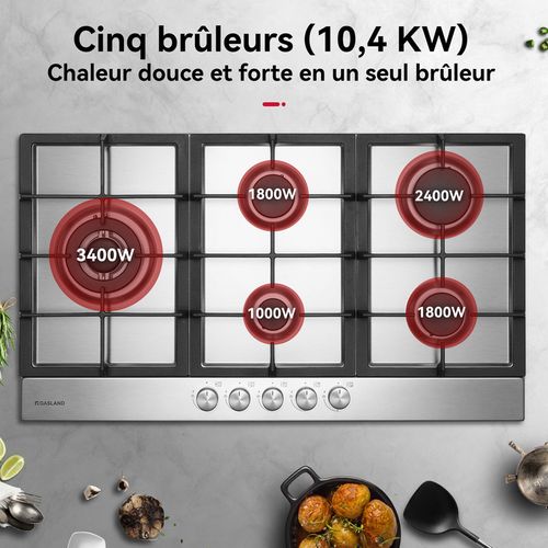 Plaque De Cuisson à Gaz Gh2905ss1fc Encastrable 5 Feux, Inox 90 Cm Brûleur Wok