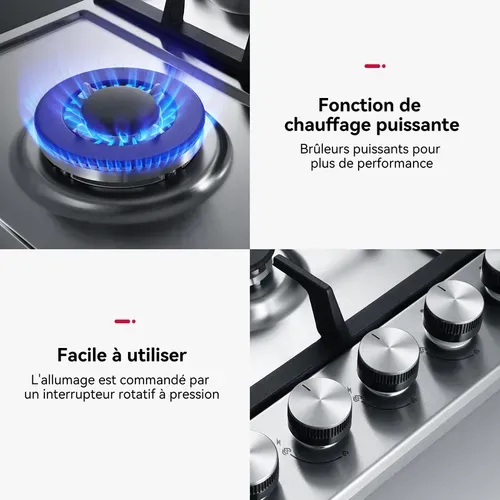 Plaque De Cuisson à Gaz Gh2905ss1fc Encastrable 5 Feux, Inox 90 Cm Brûleur Wok