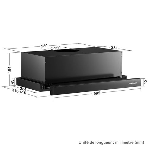 Hotte Aspirante Br60bp 60 Cm Recirculation 335 M³/h, Hotte Tiroir Noire Avec Filtre à Charbon Cf132
