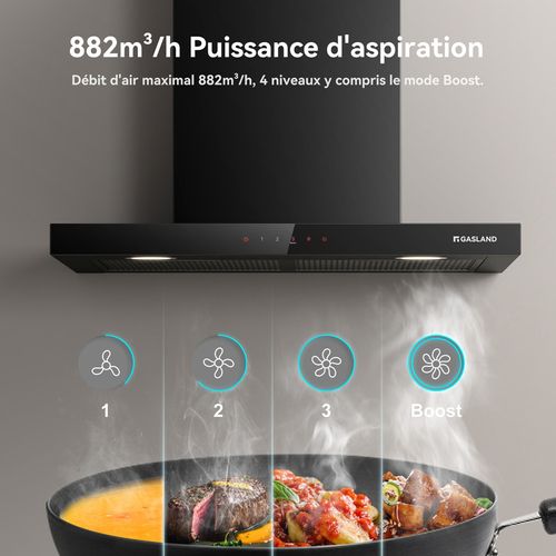 Hotte Aspirante Tr60bs A++ 60cm Evacuation/recyclage Hotte Murale 882m³/h Commande Tactile 4 Niveaux