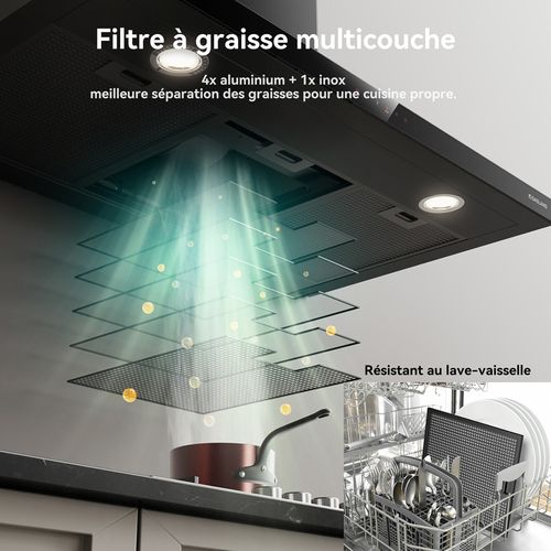 Hotte Aspirante Tr60bs A++ 60cm Evacuation/recyclage Hotte Murale 882m³/h Commande Tactile 4 Niveaux