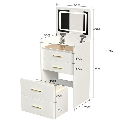 Coiffeuse Chambre 3 En 1 Miroir 60x40x118cm Table Maquillage Moderne Petit 3 Tiroirs 1 Banc Blanc